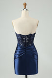 Sparkly Royal Blue Bodycon Strapless Hollow out Homecoming Vestido com renda