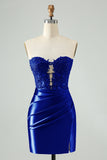 Sparkly Royal Blue Bodycon Strapless Hollow out Homecoming Vestido com renda