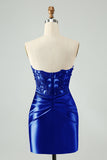 Sparkly Royal Blue Bodycon Strapless Hollow out Homecoming Vestido com renda