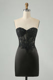 Sparkly Black Bodycon Sweetheart Corset Homecoming Vestido com Apliques