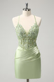 Glitter Verde Esparguete Correias Frisado Apliques Apertado Espartilho Homecoming Dress