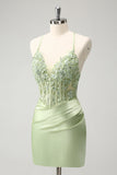 Glitter Verde Esparguete Correias Frisado Apliques Apertado Espartilho Homecoming Dress