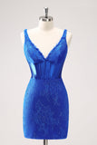 Royal Blue Bodycon V-Neck vestido curto Homecoming com renda para trás