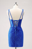 Royal Blue Bodycon V-Neck vestido curto Homecoming com renda para trás