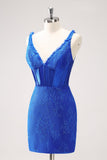 Royal Blue Bodycon V-Neck vestido curto Homecoming com renda para trás