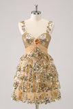 Golden A-Line Spaghetti Straps Sequined Homecoming Vestido com Flor