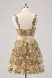 Golden A-Line Spaghetti Straps Sequined Homecoming Vestido com Flor