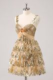 Golden A-Line Spaghetti Straps Sequined Homecoming Vestido com Flor