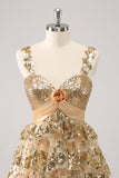 Golden A-Line Spaghetti Straps Sequined Homecoming Vestido com Flor