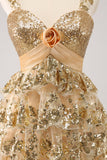 Golden A-Line Spaghetti Straps Sequined Homecoming Vestido com Flor