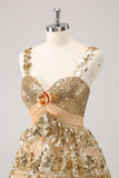 Golden A-Line Spaghetti Straps Sequined Homecoming Vestido com Flor