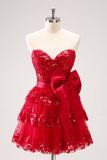 Sparkly Red A-Line Strapless Tiered Sequins Homecoming Dress com arco