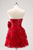 Sparkly Red A-Line Strapless Tiered Sequins Homecoming Dress com arco