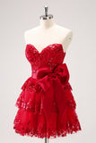 Sparkly Red A-Line Strapless Tiered Sequins Homecoming Dress com arco