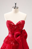 Sparkly Red A-Line Strapless Tiered Sequins Homecoming Dress com arco