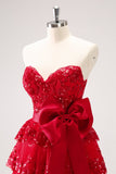 Sparkly Red A-Line Strapless Tiered Sequins Homecoming Dress com arco