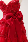 Sparkly Red A-Line Strapless Tiered Sequins Homecoming Dress com arco