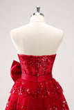 Sparkly Red A-Line Strapless Tiered Sequins Homecoming Dress com arco