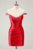 Glitter vermelho frisado fora do ombro cetim apertado homecoming vestido