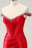 Glitter vermelho frisado fora do ombro cetim apertado homecoming vestido