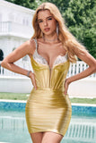 Golden Bodycon Esparguete Correias Corset Lace Up Back Homecoming Dress com Sequins