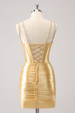 Golden Bodycon Esparguete Correias Corset Lace Up Back Homecoming Dress com Sequins