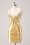 Espaguete Dourado Correias Bodycon Homecoming Dress com Sequins