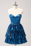 Peacock Blue A Line Strapless Corset Tiered Vestido Curto Homecoming