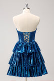 Peacock Blue A Line Strapless Corset Tiered Vestido Curto Homecoming