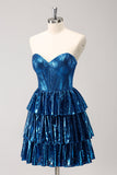 Peacock Blue A Line Strapless Corset Tiered Vestido Curto Homecoming