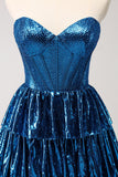 Peacock Blue A Line Strapless Corset Tiered Vestido Curto Homecoming