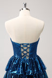 Peacock Blue A Line Strapless Corset Tiered Vestido Curto Homecoming