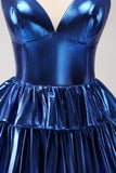 Tinta Azul Esparguete Correias Uma Linha Tiered Vestido Curto Homecoming