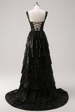 Prata Preto Brilhante Uma Linha Fora do Ombro Corset Tiered Prom Dress com Missangas