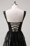 Prata Preto Brilhante Uma Linha Fora do Ombro Corset Tiered Prom Dress com Missangas