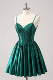 Verde escuro A-Line espaguete correias espartilho plissado homecoming vestido