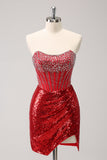 Espartilho Sparkly Red Strapless Sequined Beaded Tight Homecoming Dress com fenda