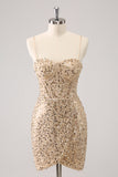 Espaguete Dourado Brilhante Correias Bodycon Homecoming Dress com Sequins