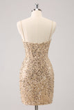 Espaguete Dourado Brilhante Correias Bodycon Homecoming Dress com Sequins