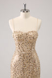 Espaguete Dourado Brilhante Correias Bodycon Homecoming Dress com Sequins