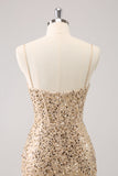 Espaguete Dourado Brilhante Correias Bodycon Homecoming Dress com Sequins