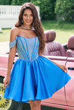 Azul brilhante Uma linha fora do ombro cetim babado Homecoming Dress com frisos