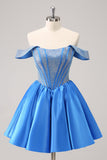 Sparkly Blue A-Line fora do ombro frisado cetim Homecoming Dress