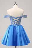 Sparkly Blue A-Line fora do ombro frisado cetim Homecoming Dress