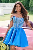 Azul brilhante Uma linha fora do ombro cetim babado Homecoming Dress com frisos