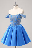 Sparkly Blue A-Line fora do ombro frisado cetim Homecoming Dress