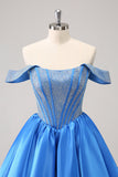 Sparkly Blue A-Line fora do ombro frisado cetim Homecoming Dress