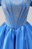 Sparkly Blue A-Line fora do ombro frisado cetim Homecoming Dress