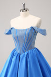 Sparkly Blue A-Line fora do ombro frisado cetim Homecoming Dress