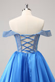 Sparkly Blue A-Line fora do ombro frisado cetim Homecoming Dress